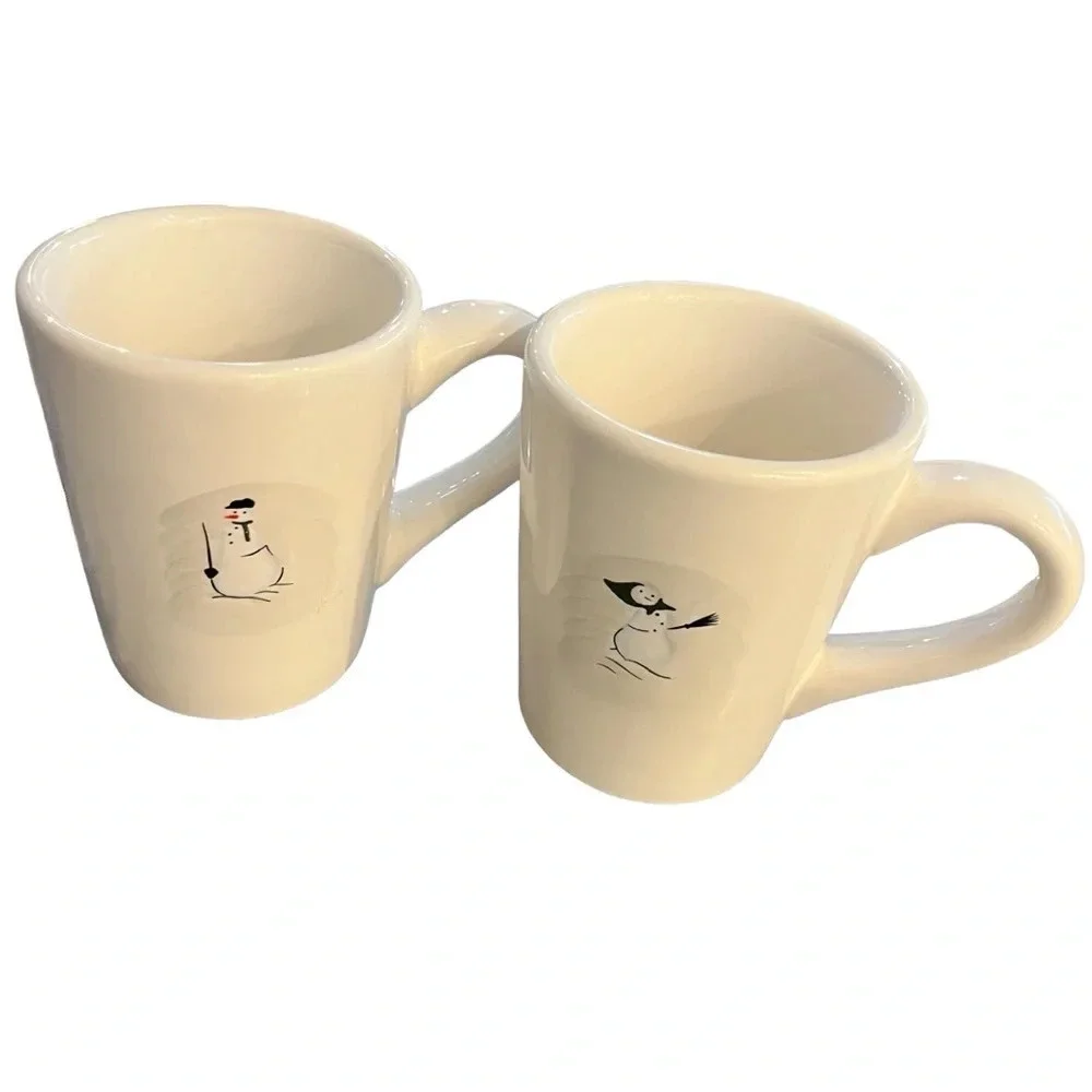 PAIR Williams Sonoma Snow Man and Woman Winter Holiday Mugs TWO